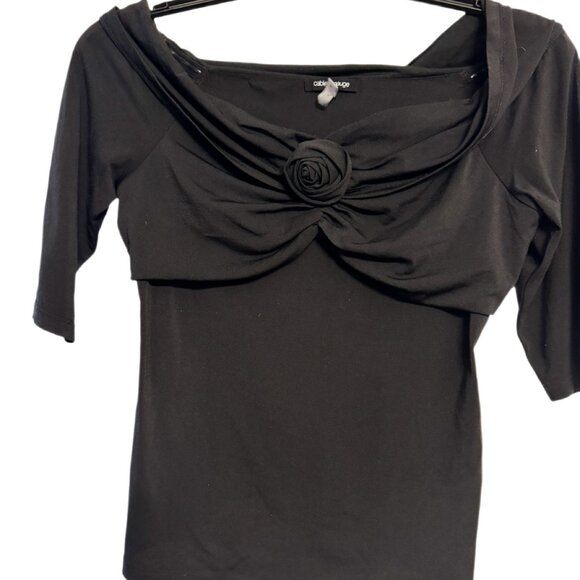Cable & Gauge Tops - Cable & Gauge Black Draped Neck Blouse, 3/4 Sleeve Top Size M